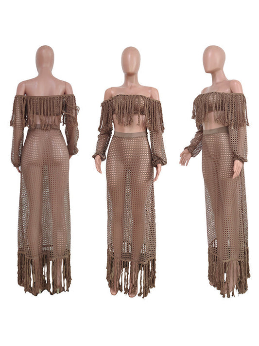 fotobeyou Khaki 2 Pieces Tassel Cut Out Side Slit Beach Photoshoot Maternity Maxi Dress