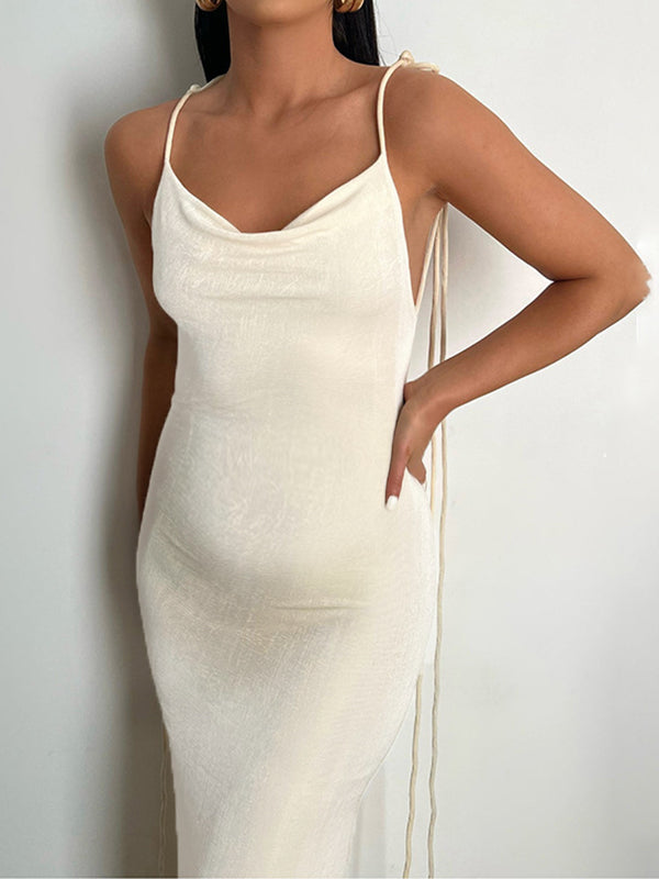 fotobeyou White Bodycon Backless Draped Spaghetti Strap Lace Up Photoshoot Party Maternity Maxi Dress