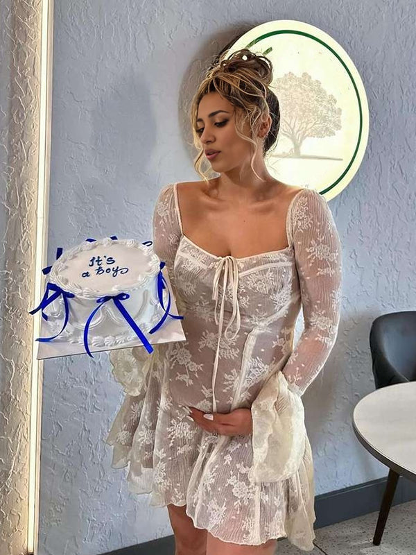fotobeyou White Lace Off Shoulder Bow Drawstring Ruffle Flare Sleeve Elegant Baby Shower Maternity Mini Dress