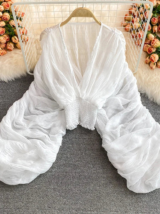 fotobeyou Belly Friendly Loose Puff Sleeve Props Accessories Sheer Photography Babyshower Maternity Pleated Top