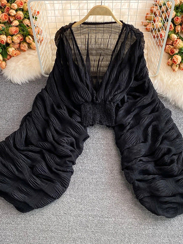 fotobeyou Belly Friendly Loose Puff Sleeve Props Accessories Sheer Photography Babyshower Maternity Pleated Top