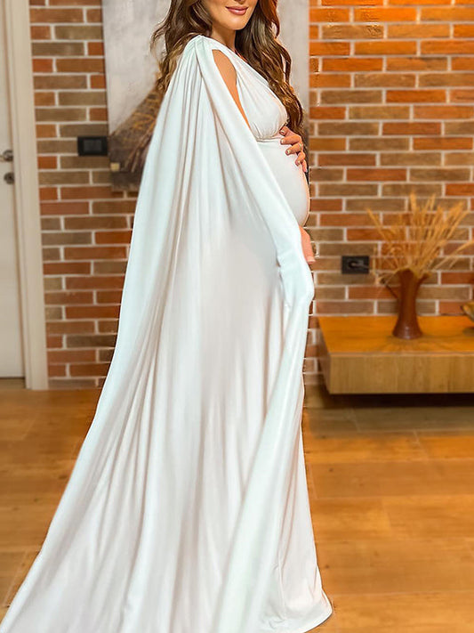 fotobeyou White Belly Friendly One-Shoulder Bodycon Cape Sleeve Babyshower Maternity Jumpsuit