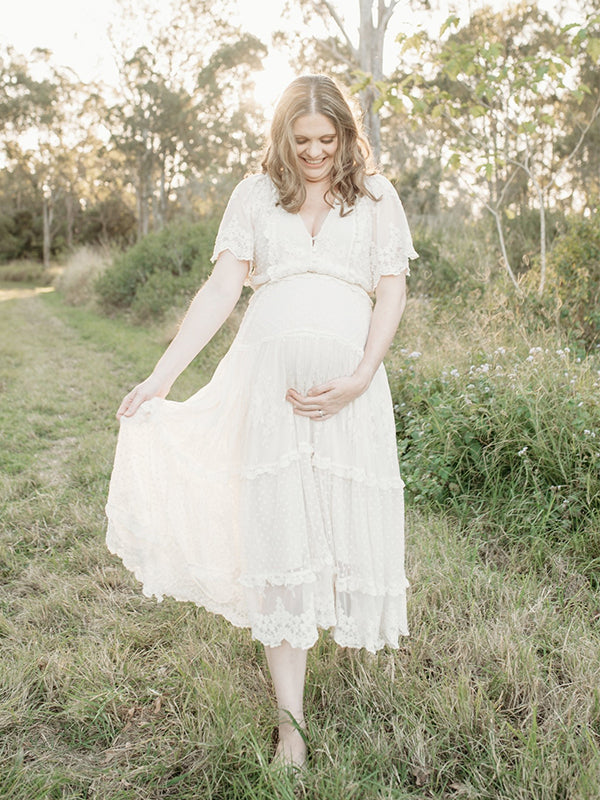 fotobeyou Boho Lace White V-Neck Short Sleeve Ruffle Embroidery High Waist Photoshoot Maternity Maxi Dress
