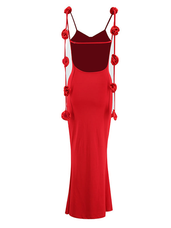 fotobeyou Red Backless 3D Flower Cascading Ruffle Spaghetti Strap Cami Mermaid Bodycon Party Photoshoot Maternity Maxi Dress