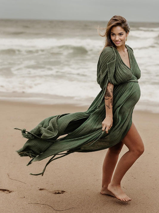 fotobeyou V-Neck Linen Cotton Bohemian Backless Thigh High Side Slits Tassel Vacation Photoshoot Maternity Maxi Dress