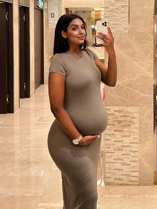 fotobeyou Solid Color Round Neck Short Sleeve Bodycon Chic Basic Going Out Daily Maternity Baby Shower Maxi Dress