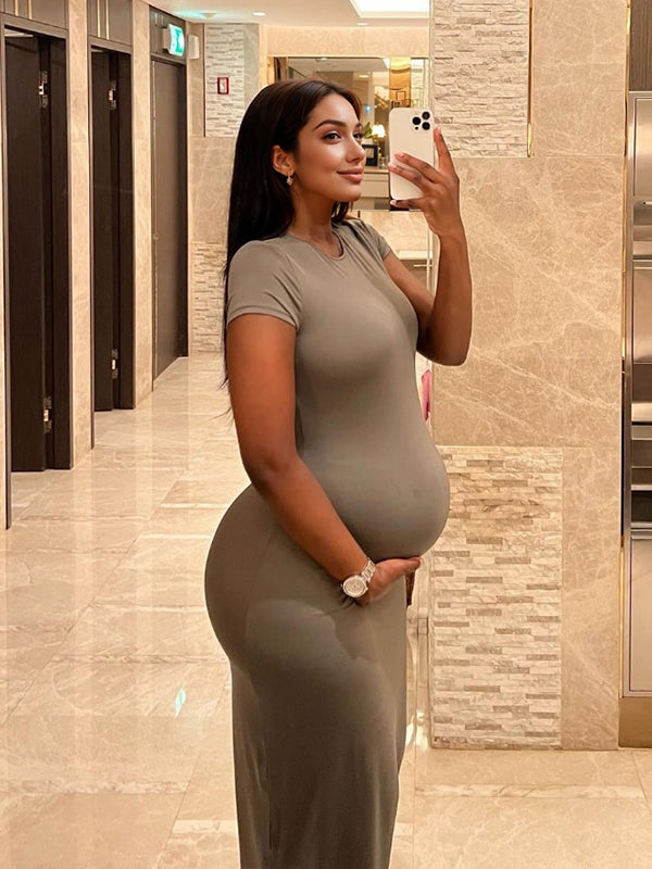 fotobeyou Solid Color Round Neck Short Sleeve Bodycon Chic Basic Going Out Daily Maternity Baby Shower Maxi Dress