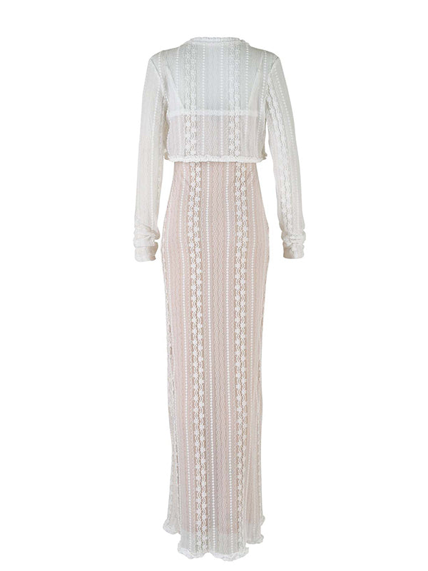fotobeyou Ivory Lace Two Piece Set Side Slit V-neck Cami Maxi Dress And Crop Cardigan Elegant Going Out Maternity Photoshoot Baby Shower Maxi Dress