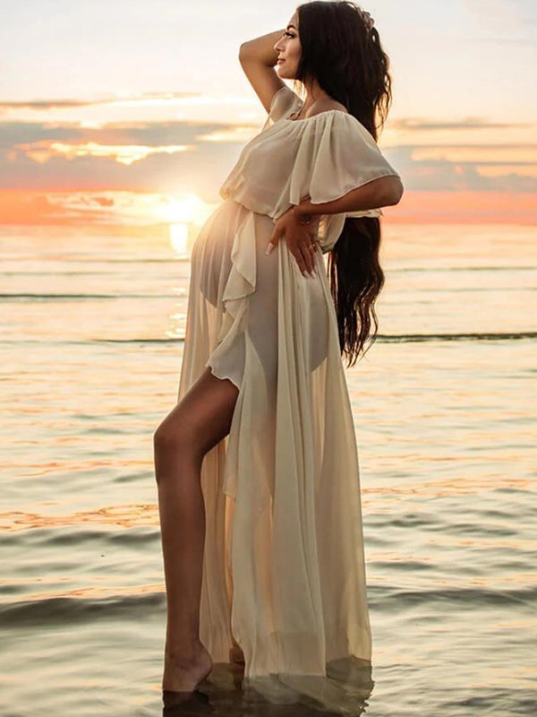 fotobeyou Solid Color Off Shoulder Backless Ruffle Side Slit Chiffon Photoshoot Maternity Maxi Dress