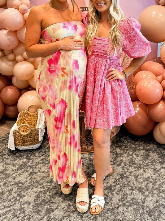 fotobeyou Pleated Bandeau Backless Back Bowknot Tie Back Tie Dye Party Bodycon Mermaid Babyshower Maternity Maxi Dress