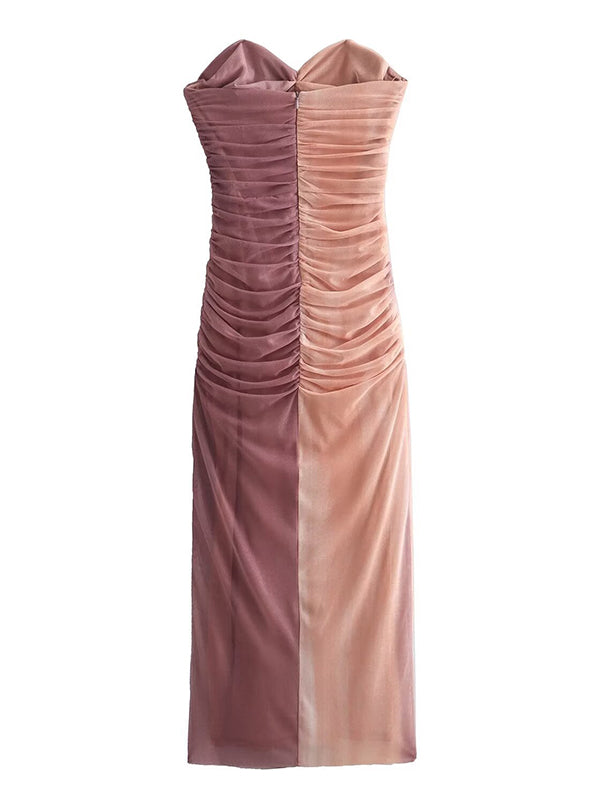 fotobeyou Tie Dye Mesh Ruched Bandeau Strapless Bodycon Chic Gender Reveal Party Maternity Photoshoot Baby Shower Maxi Dress