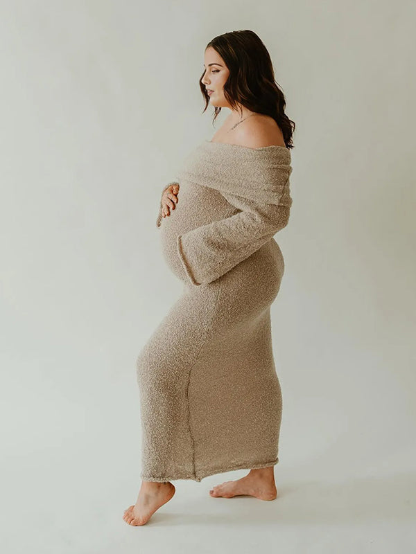 fotobeyou Off Shoulder Hollow Out Knitwear Maternity Maxi Dress