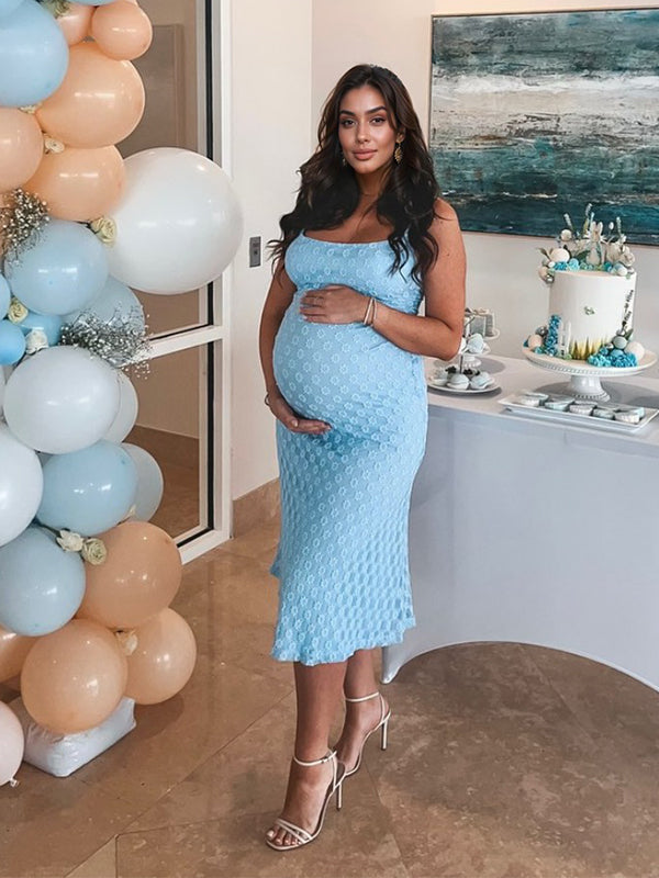 fotobeyou Blue Spaghetti Strap Bodycon Mermaid Backless Baby Shower Maternity Maxi Dress