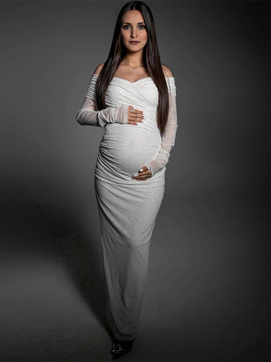 fotobeyou White Off Shoulder Sparkly Back Slit Sheer Bodycon Elegant Baby Shower Evening Photoshoot Maternity Maxi Dress