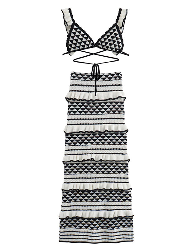 fotobeyou Geometric Falbala Crochet Two Piece Set Halter Neck Bra And Multilayer Ruffle Bodycon Maxi Skirt Elegant Baby Moon Beach Maternity Photoshoot Baby Shower Maxi Dress