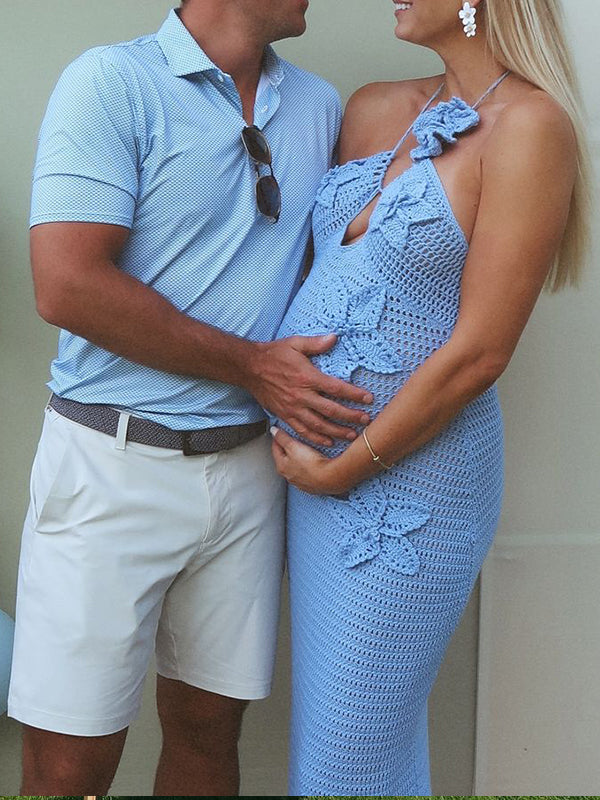 fotobeyou Crochet Hollow Out 3D Flowes Cut Out Halter Neck Cami Bodycon Elegant Baby Moon Beach Maternity Photoshoot Baby Shower Maxi Dress