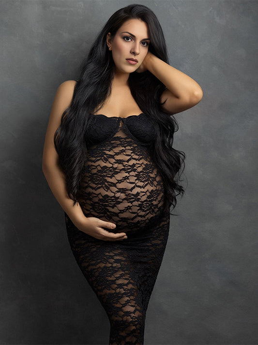 fotobeyou Black Lace Back Slit Sheer Bodycon Elegant Photoshoot Maternity Maxi Dress