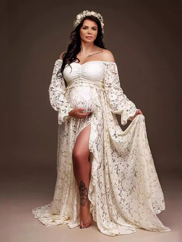 fotobeyou Boho Lace Off Shoulder Lace Tassel Crop 2-in-1 Side Slit Ruffle Photoshoot Maternity Maxi Dress