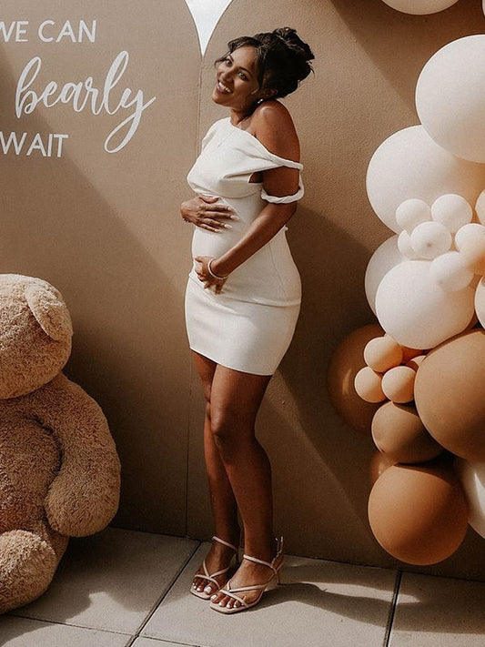 fotobeyou Apricot Irregular Neck Asymmetric Shoulder Bandage Party Dress Bodycon Baby Shower Maternity Mini Dress