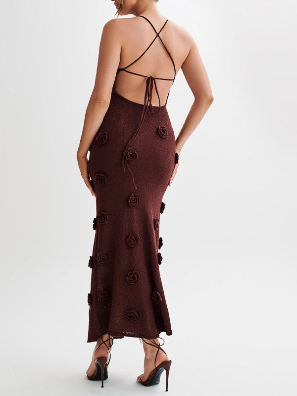 fotobeyou Brown Halter Neck Backless 3D Flowers Crochet Mermaid Bodycon Elegant Photoshoot Baby Shower Maternity Maxi Dress