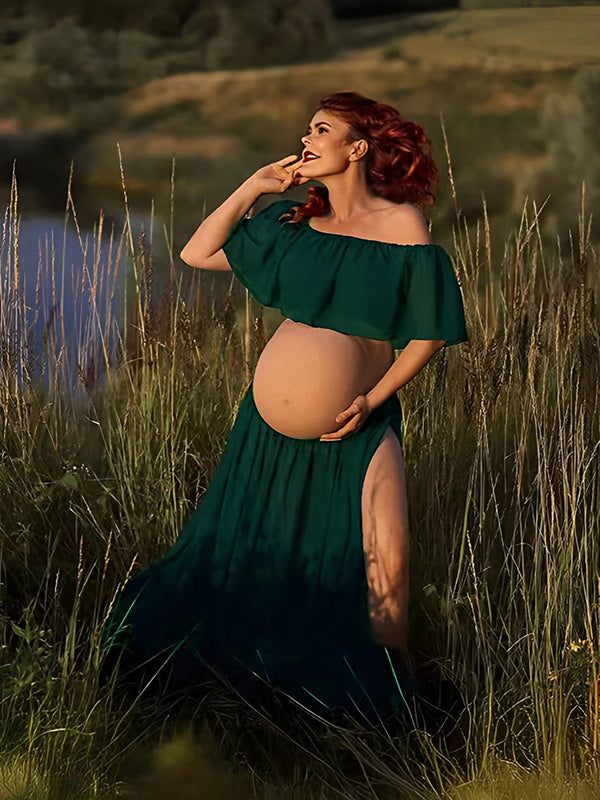 fotobeyou Solid Color Off Shoulder Chiffon Crop Side Slit Ruffle Two Pieces High Waist Elegant Boho Gown Photoshoot Maternity Maxi Dress