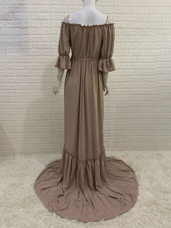 fotobeyou Off Shoulder Buttons Front Slit Open Train Elegant Photoshoot Maternity Maxi Dress
