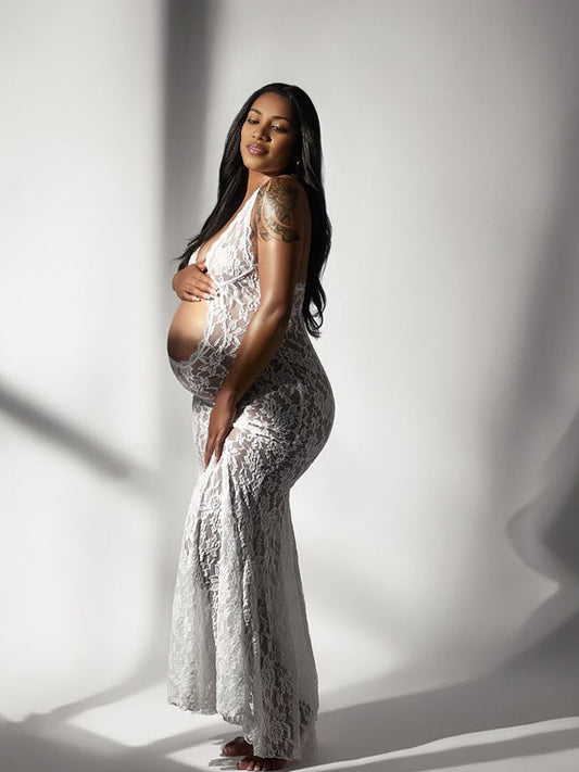 fotobeyou White Lace Cut Out Backless Mermaid Sheer Elegant Photoshoot Maternity Maxi Dress