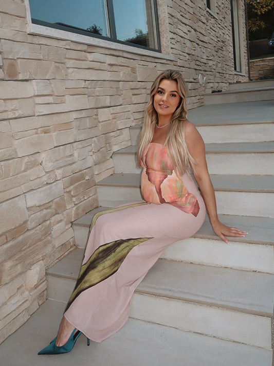 fotobeyou Floral Printed Bandeau Strapless Bodycon Sleeveless Chic Baby Moon Party Going Out Maternity Photoshoot Baby Shower Maxi Dress
