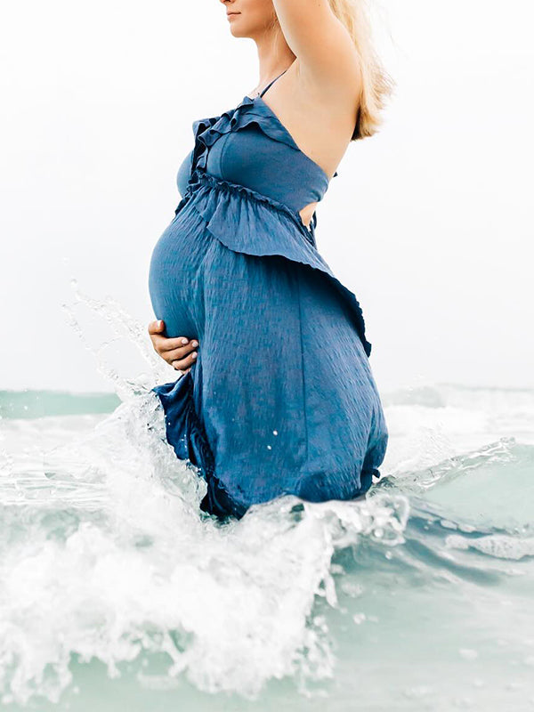 fotobeyou Boho Solid Color Ruffle Halter Neck Backless Tie Back V-Neck Holiday Gowns Photoshoot Maternity Maxi Dress