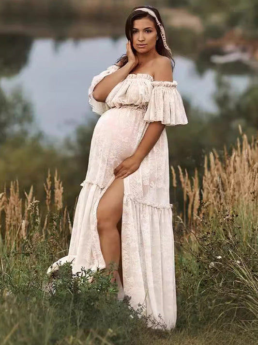fotobeyou White Boho Lace Bandeau Crop Ruffle 2-in-1 Side Slit Photoshoot Maternity Maxi Dress