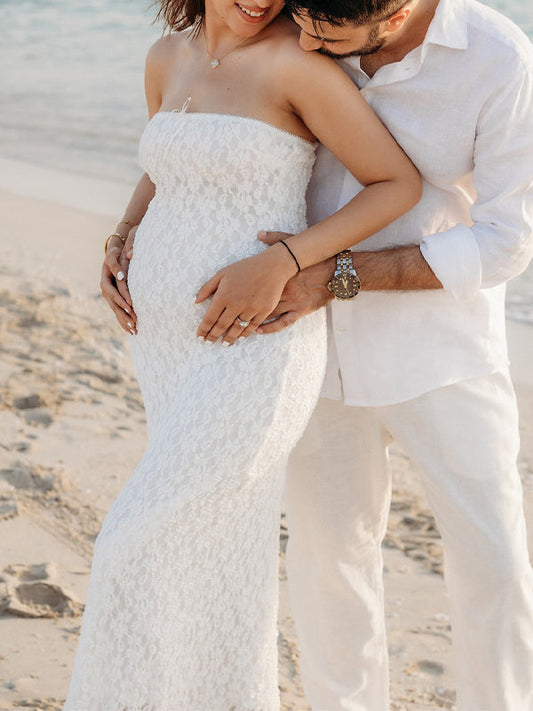 fotobeyou White Lace Bow Mermaid Bodycon Elegant Photoshoot Baby Shower Maternity Maxi Dress