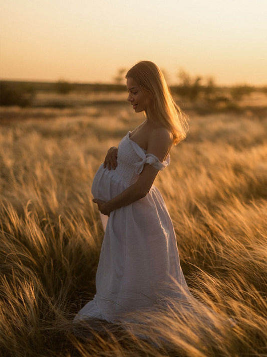 fotobeyou White Smocked Knotted Adjustable Strap Ruffle Falbala Babydoll Shirred Big Swing Elegant Baby Moon Going Out Boho Maternity Photoshoot Baby Shower Maxi Dress