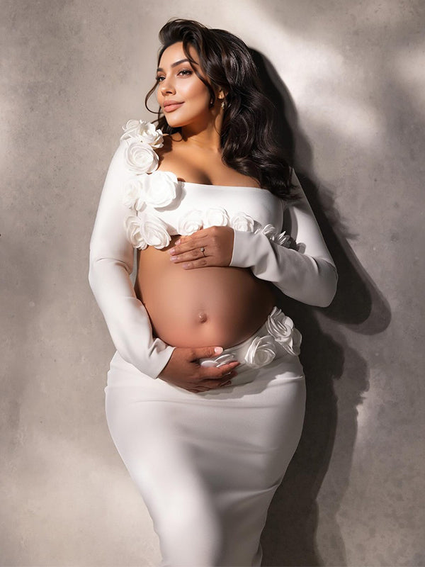 fotobeyou White 3D Flowers Cut Out Bodycon Elegant Photoshoot Baby Shower Maternity Maxi Dress