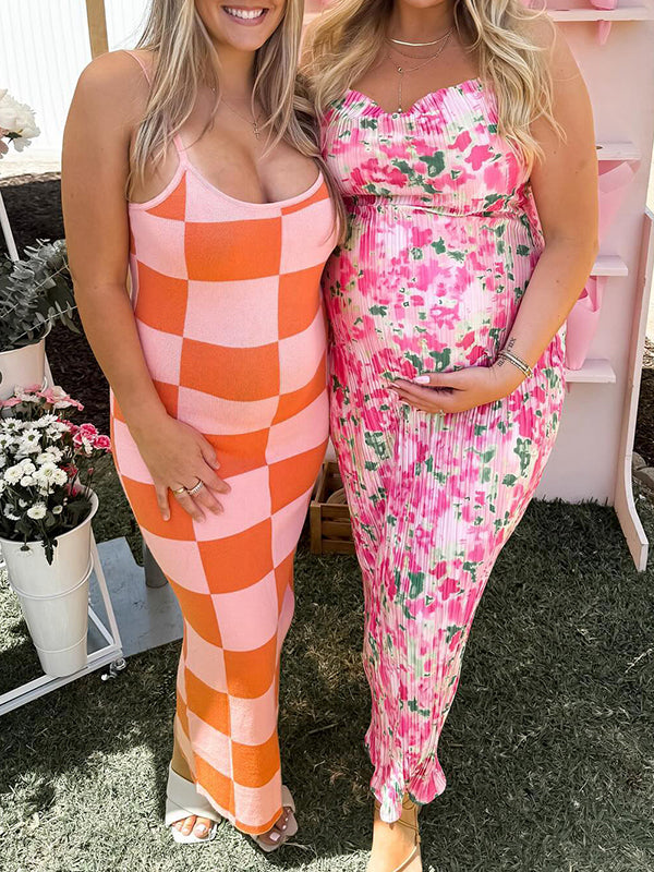 fotobeyou Pink Floral Pleated Bodycon Cami Elegant Cocktail Party Going Out Maternity Photoshoot Baby Shower Maxi Dress