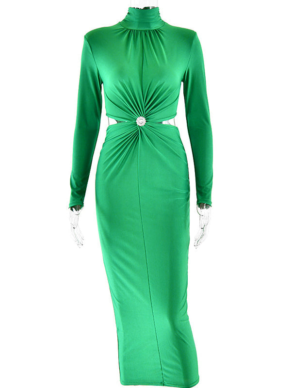 fotobeyou Green Ruched Rhinestone Cut Out High Neck Long Sleeve Bodycon Elegant Cocktail Party Maternity Photoshoot Baby Shower Maxi Dress
