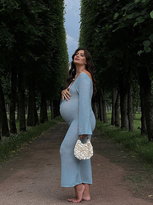 fotobeyou Blue Crochet Hollow Out Backless Deep V-neck Flare Sleeve Elegant Baby Moon Beach Cover Up Photoshoot Baby Shower Maxi Dress