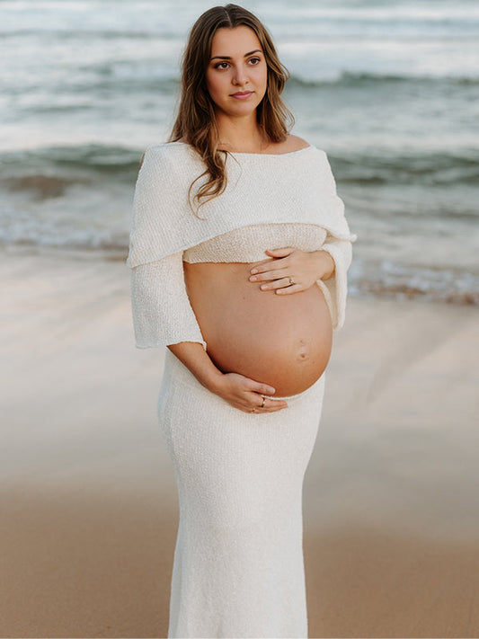 fotobeyou White Off Shoulder Backless Crop Knitwear 2-in-1 Bodycon Mermaid Going Out Photoshoot Maternity Maxi Dress