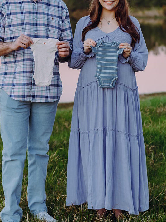 fotobeyou Layered Ruffle Falbala Big Swing Elegant Baby Moon Beach Boho Maternity Photoshoot Baby Shower Maxi Dress