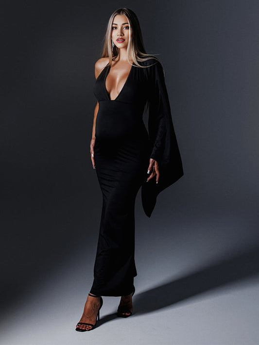 fotobeyou Black Backless Cascading Ruffle Ruched Cloak Sleeve Mermaid Cocktail Party Gown Bodycon Photoshoot Maternity Maxi Dress