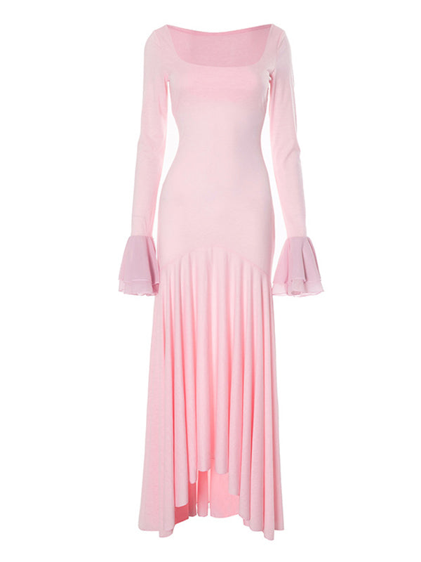 fotobeyou Pink High-low Mesh Patchwork Falbala Ruffle Flare Sleeve Mermaid Elegant Cocktail Party Maternity Photoshoot Babyshower Maxi Dress