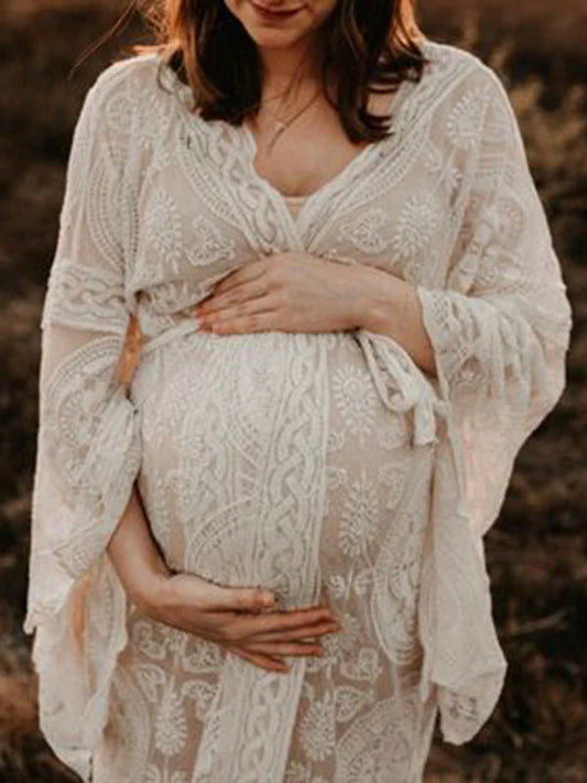 fotobeyou Boho White Lace Open Belly Belt Robe Elegant Sheer Maternity Photoshoot Maxi Dress