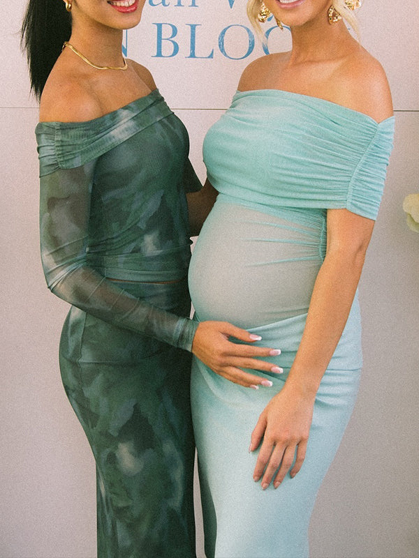 fotobeyou Mesh Patchwork Off Shoulder Ruched Cut Out Bodycon Elegant Cocktail Party Maternity Baby Shower Maxi Dress