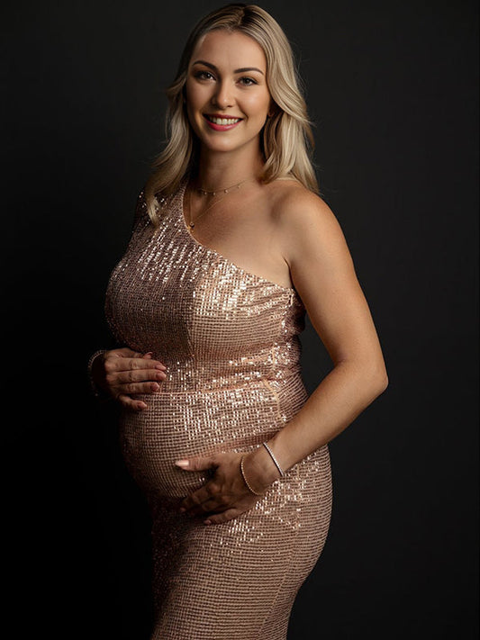 fotobeyou Glitter Sequin One Shoulder Mermaid Elegant Christmas Evening Gown Maternity Photoshoot Maxi Dress