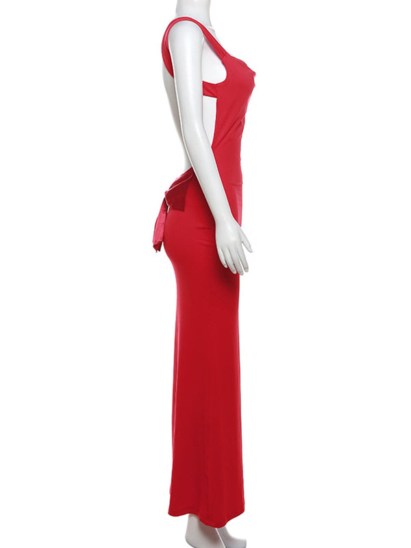 fotobeyou Solid Color Bow Tank Backless Mermaid Elegant Cocktail Party Maternity Baby Shower Maxi Dress