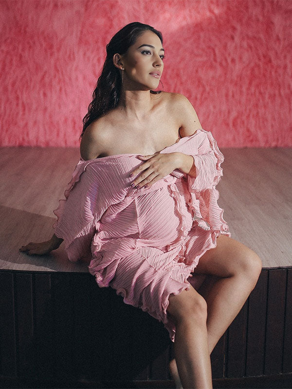 fotobeyou Pink Ruffle Off Shoulder V-neck Belted Photoshoot Baby Shower Maternity Maxi Dress