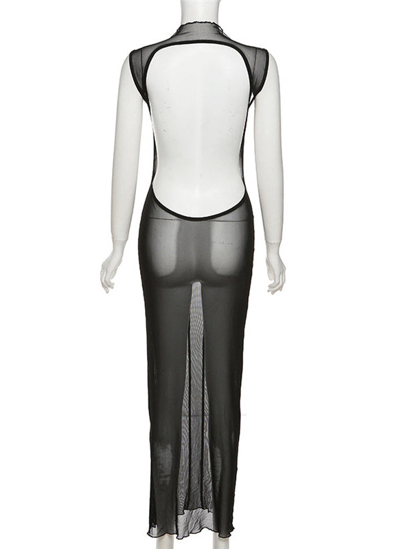 fotobeyou Black Sheer Backless Band Neck Bodycon Club Fashion Elegant Photoshoot Maternity Maxi Dress
