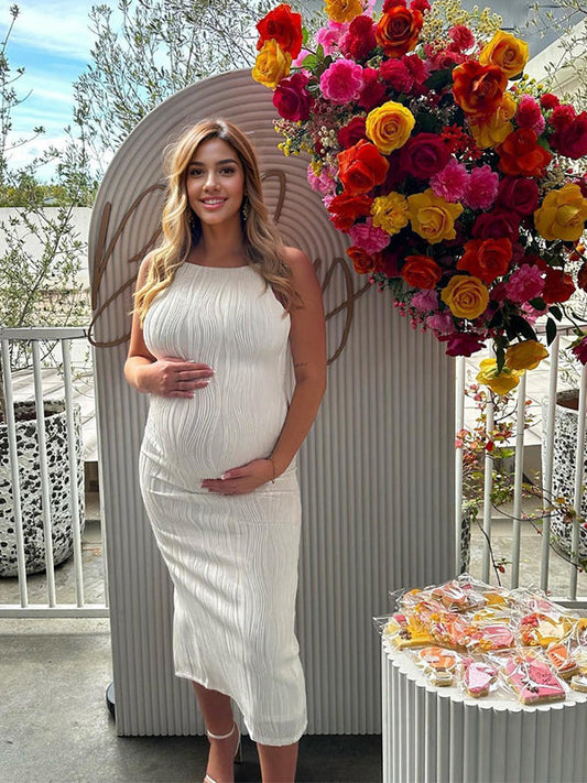 fotobeyou 3D Line Backless Back Slit Bodycon Elegant Baby Shower Maternity Maxi Dress