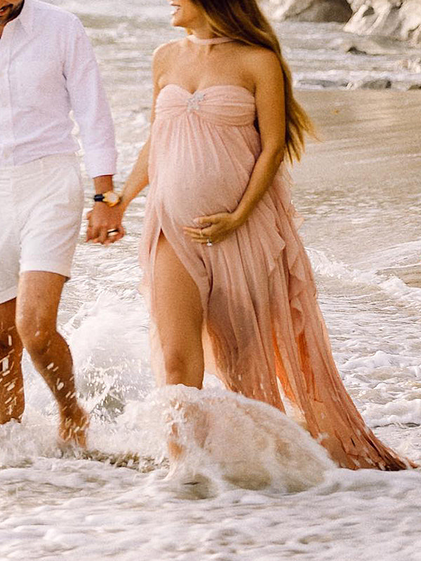 fotobeyou Pink Irregular Ruffle Halter Neck Backless Flowy Elegant Vacation Beach Photoshoot Gender Reveal Girl Baby Shower Maternity Maxi Dress