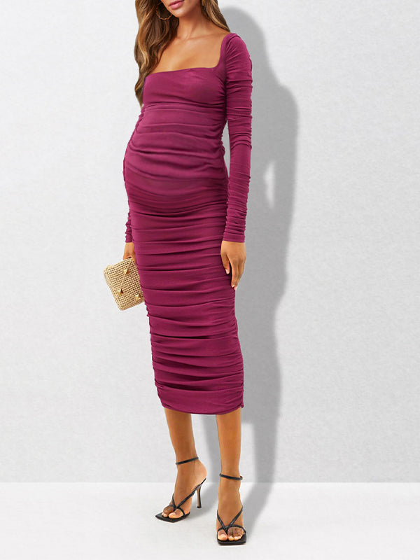 fotobeyou Rose Carmine Ruched Square Neck Bodycon Elegant Party Baby Shower Maternity Maxi Dress