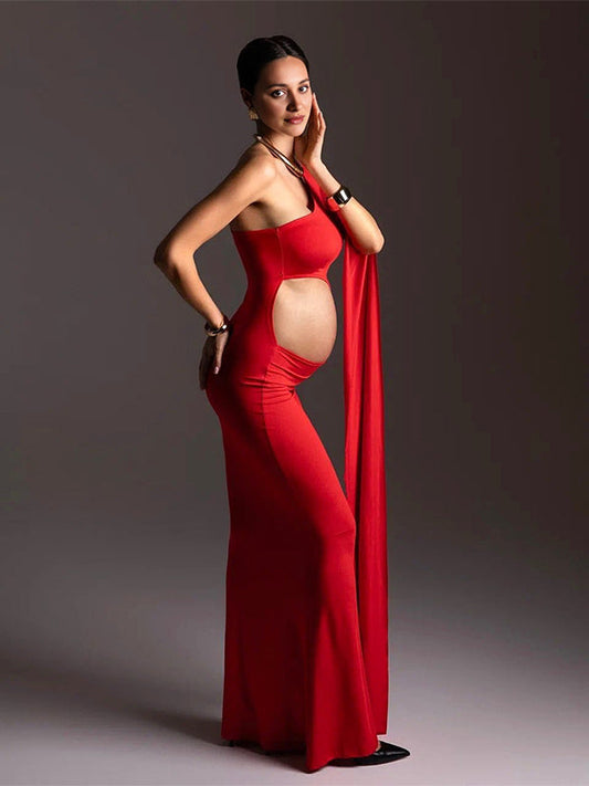 fotobeyou Red One Slit Sleeve Cut Out Bodycon Elegant Photoshoot Maternity Maxi Dress
